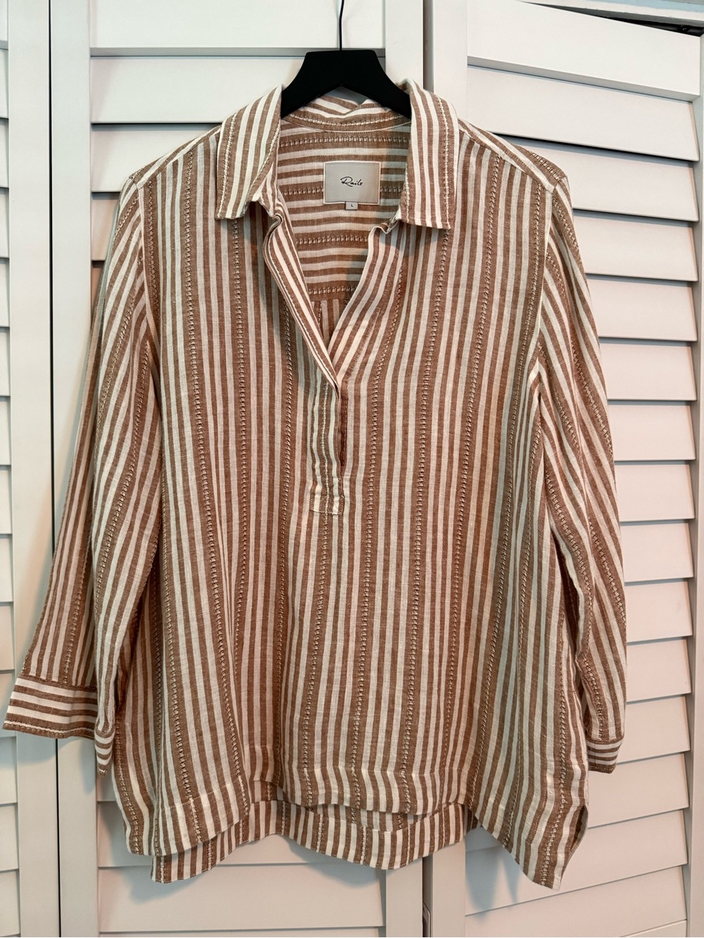 Rails Brown & White Striped V‑Notch Collared Tunic.